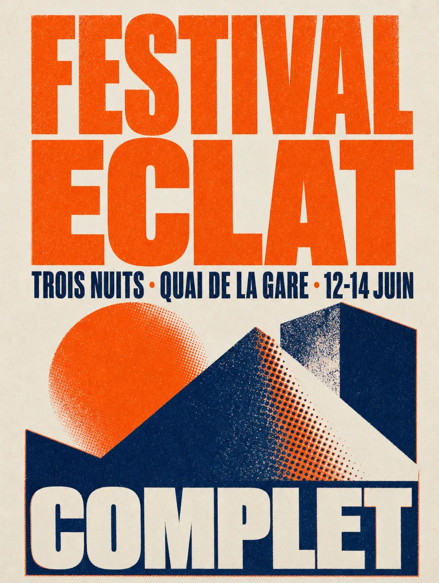 Affiche de festival en deux couleurs, typographie condensée